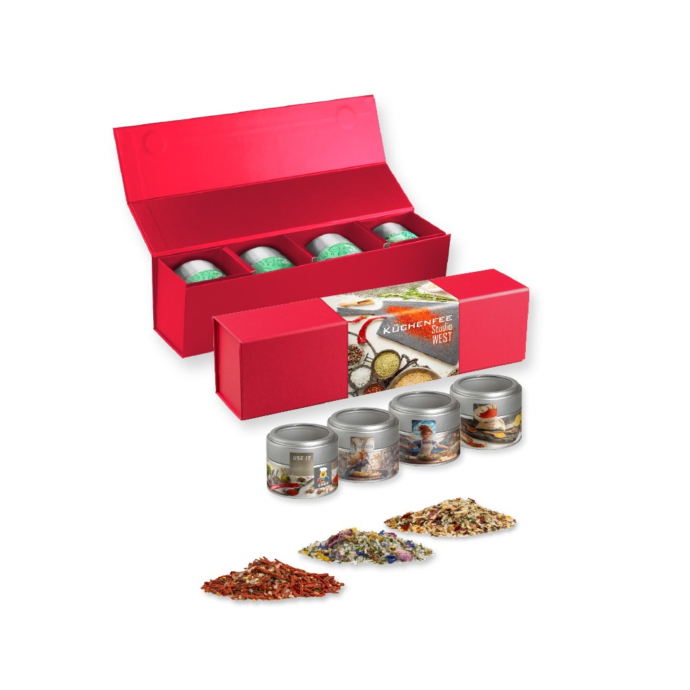 verschiedene Gewürzmischungen (Kategorie 1), ca. 160-440g, Geschenk-Set Premium rot mit Magnetverschluss und 4 Metalldosen Mini mit Sichtfenste