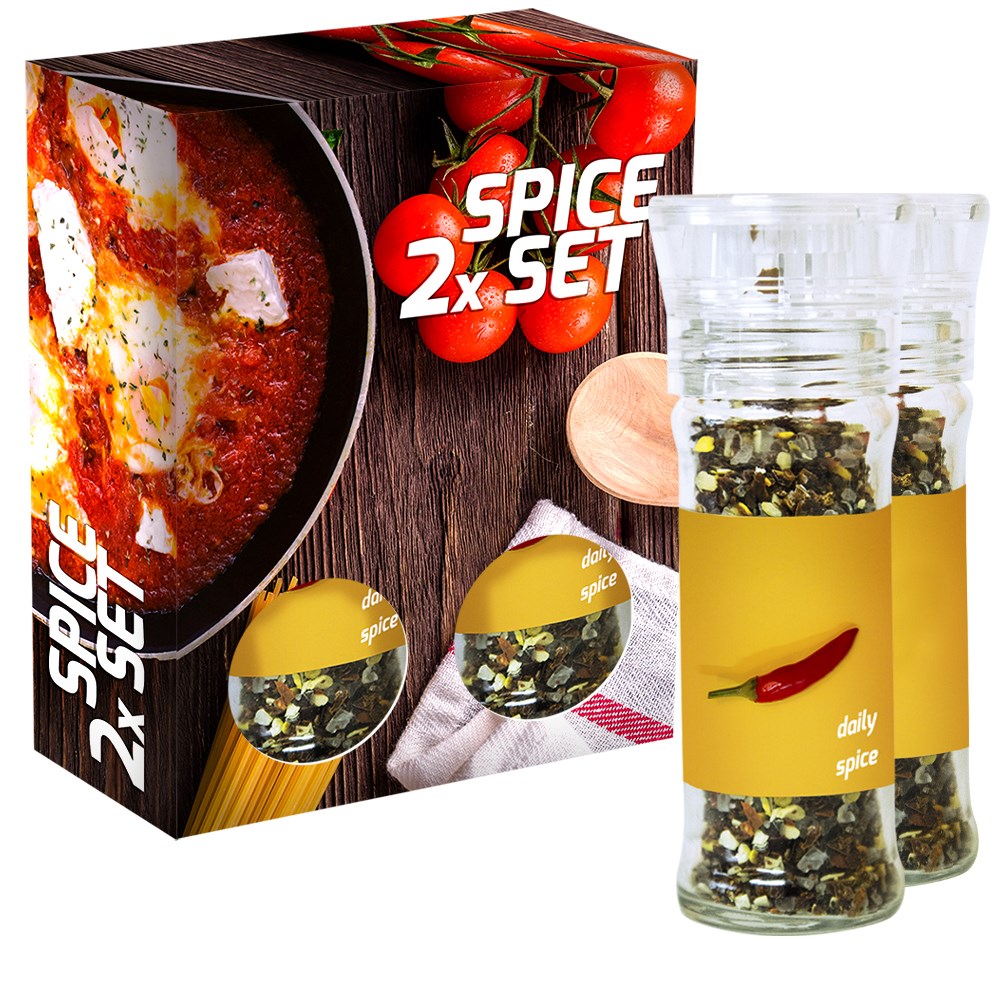verschiedene Gewürzmischungen (Kategorie 1), 70-160g, 2er Set Glas mit Kunststoffmahlwerk in Faltschachtel
