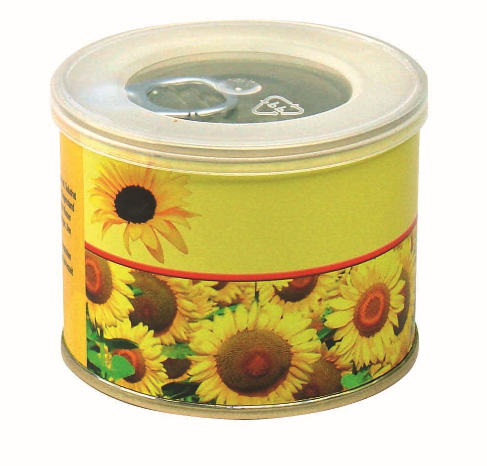 Sonnen-Dose, Ø  73 x 58 mm, Zwergsonnenblume, 1-4 c Digitaldruck inklusive