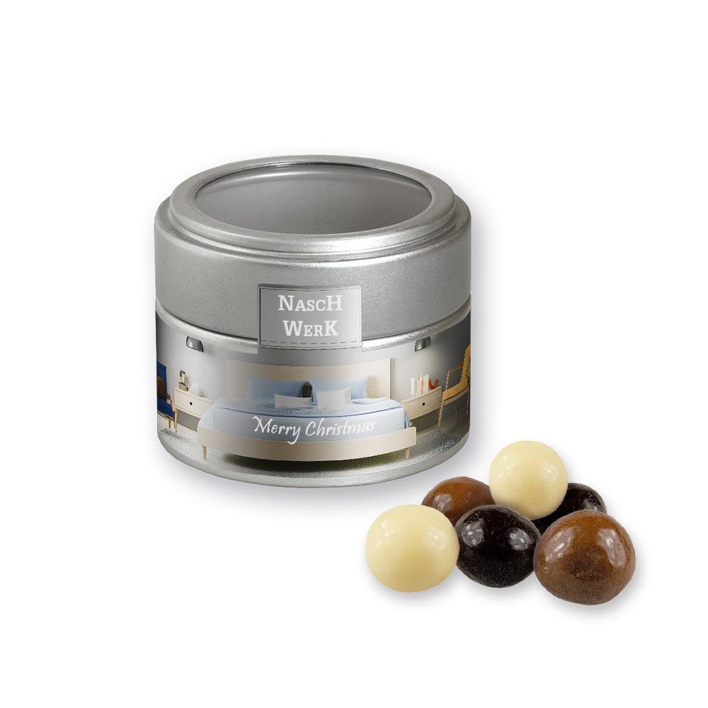 Product Image for Werbeartikel - Knusperkugeln-Mix, ca. 45g, Metalldose Mini mit Sichtfenster silber