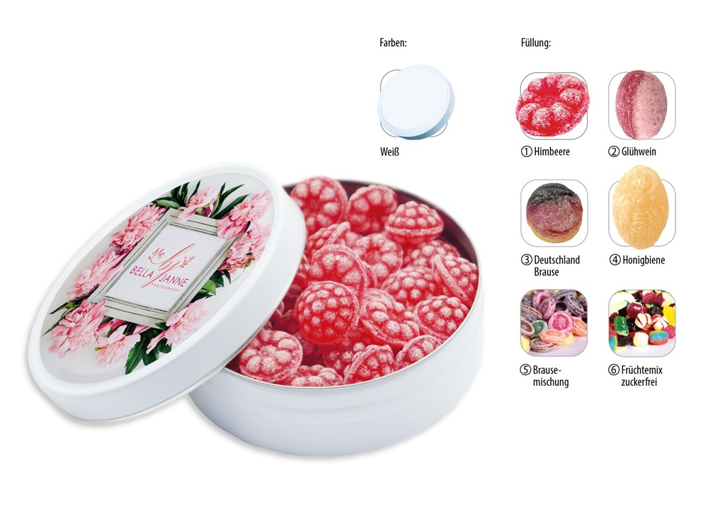 Runddose 99 120 g  ,  Inhalt:  Himbeer Bonbon