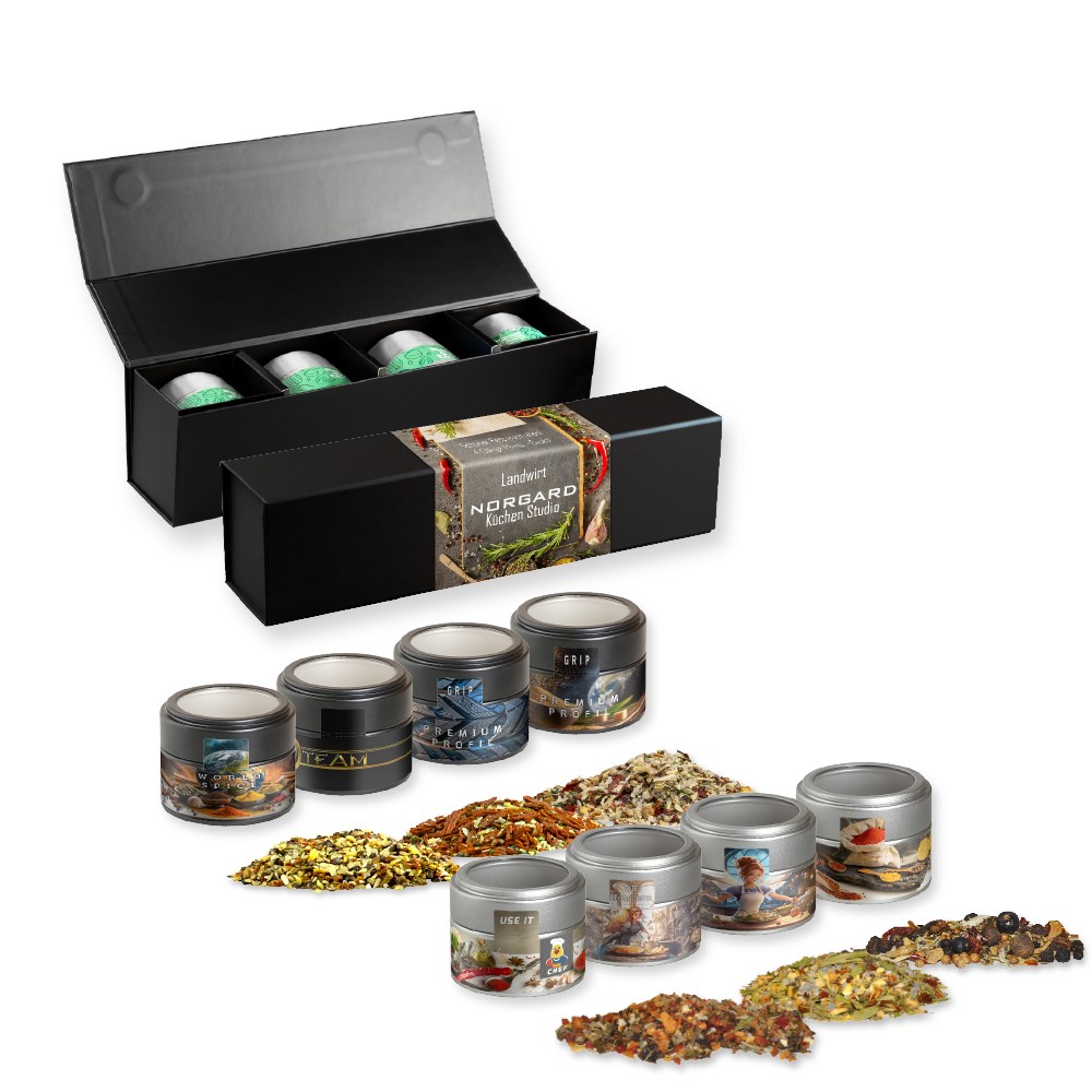 Product Image for Werbeartikel - Verschiedene Weihnachts Gewürzmischungen, ca. 120-140g, Geschenk-Set Premium schwarz mit Magnetverschluss und 4 Metalldosen Mini mit 